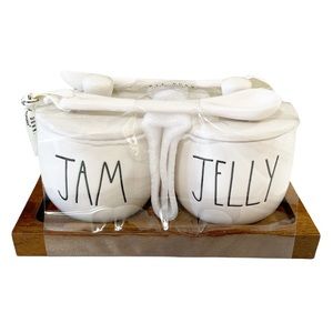 NEW Rae Dunn JAM & JELLY Jar Set w/Serving Spoons & Wooden Tray